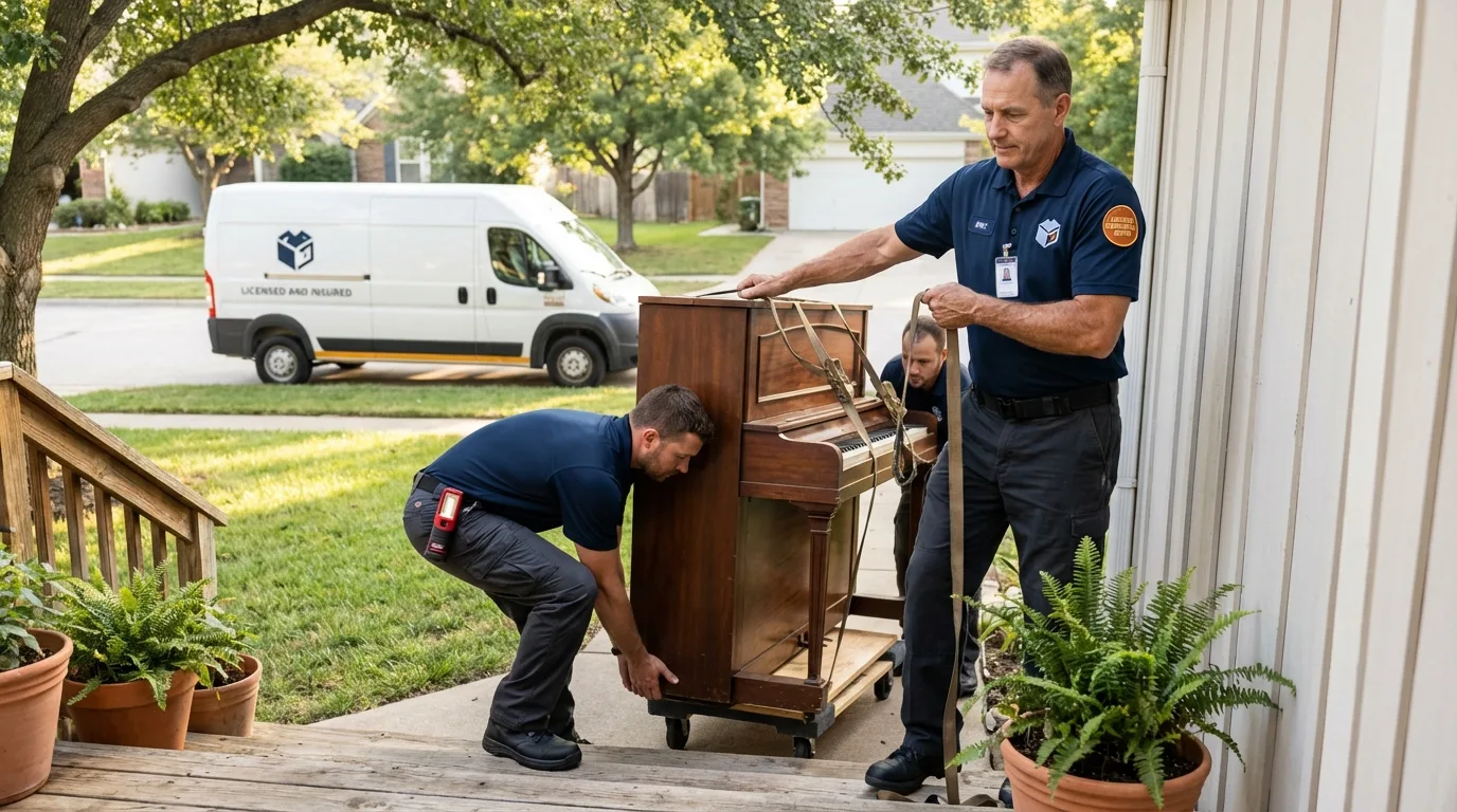 Licensed piano movers securing grand piano in Spencer, WV