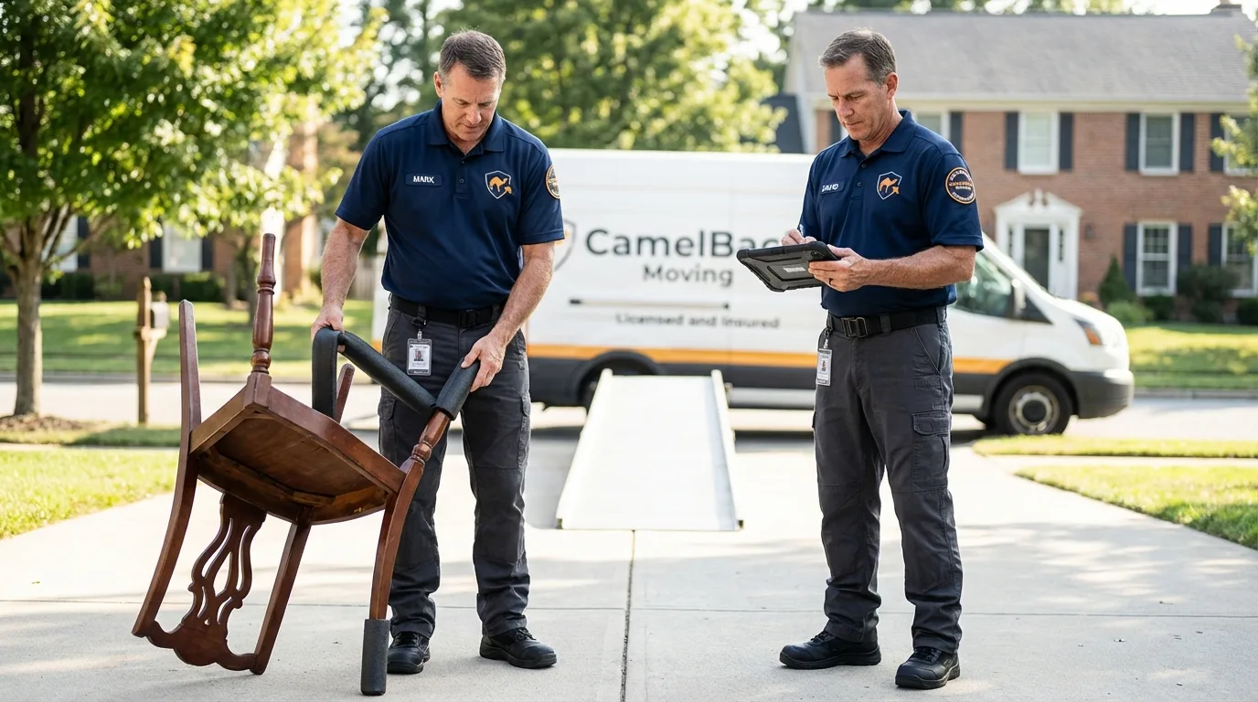 Movers inspecting furniture for damage prevention before loading in Spencer, WV