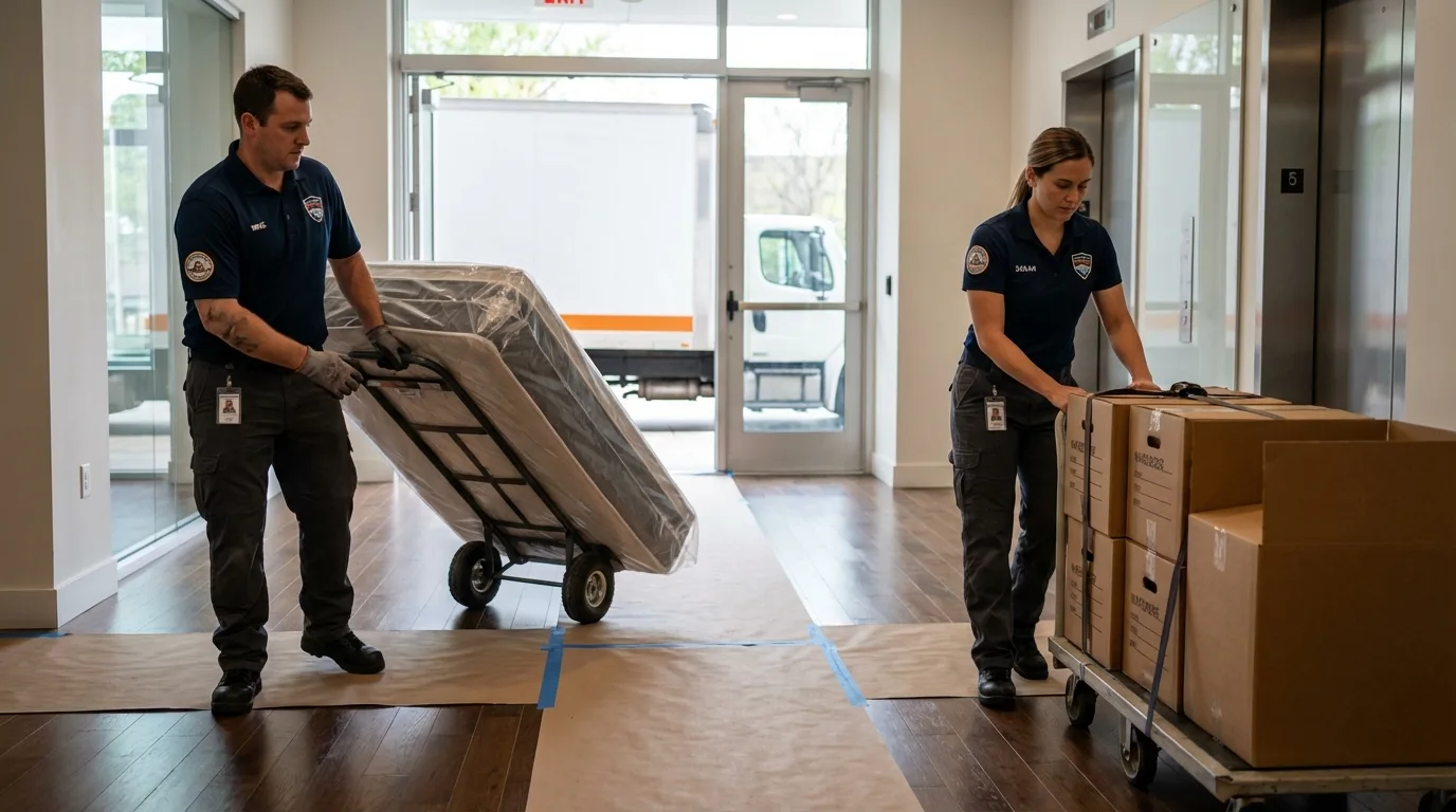 Professional apartment movers loading elevator in Spencer, WV